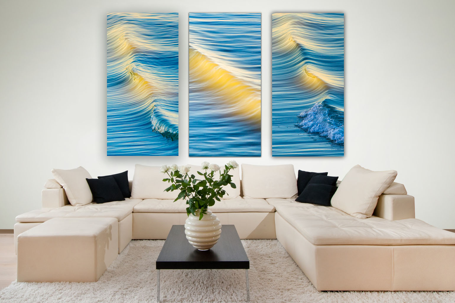 The triptych comes in 2 different sizes. Each Panel is 20" x 30" or 30" x 45". Bring the ocean art to your wall.